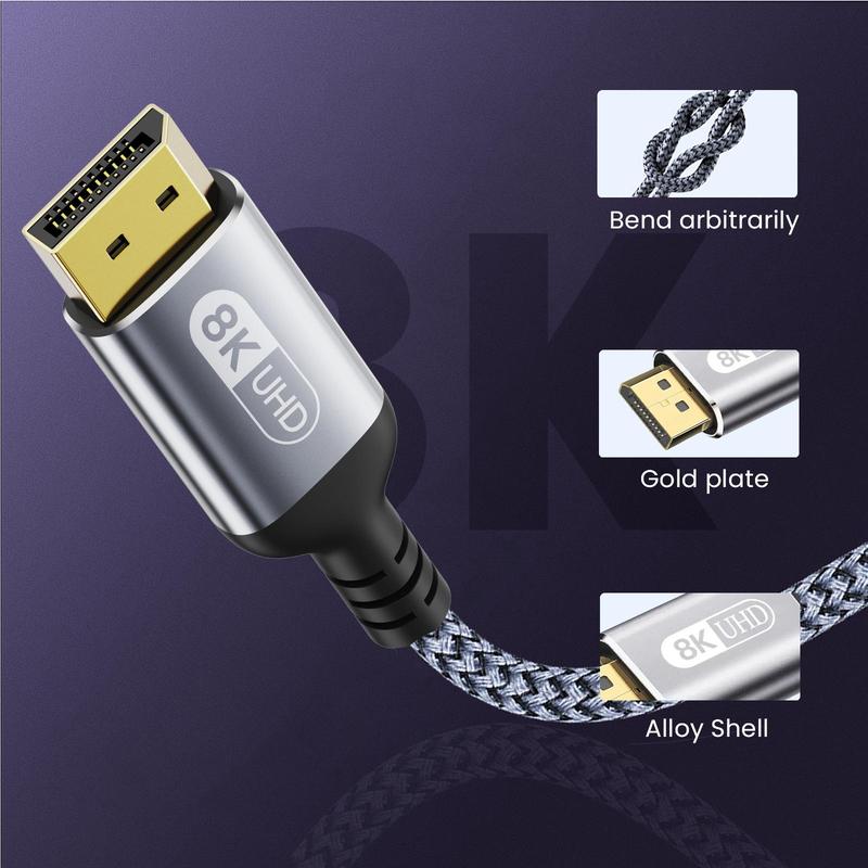 1M 2M 3M Display Port Cable, 1 Count 8K DP 1.4 Cable 8K@60Hz 4K@144Hz Braided High Speed Display Port Cable Compatible with TV Monitor Laptop, Summer Supplies