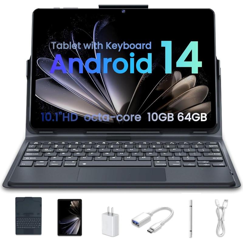 Android 14 Tablet, 64GB+10(4+6 Expand) GB 512GB Expandable, Octa-Core Tablet with WiFi, 8000mAh , 10.1 inch Tablet with 800MP Camera, Tablet with Keyboard Case, Stylus,  (Gray)