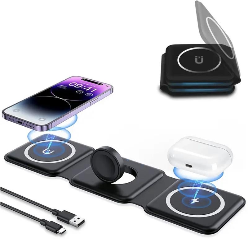  3 in 1 Wireless Charger for iPhone, Not suitable for Android, Magnetic Foldable 3 in 1 Charging Station, Travel Charger for Multple Devices for iPhone 16 15 14 13 12, for AirPods 4 3 Pro, for iWatch, Christmas Gifts（black%white）