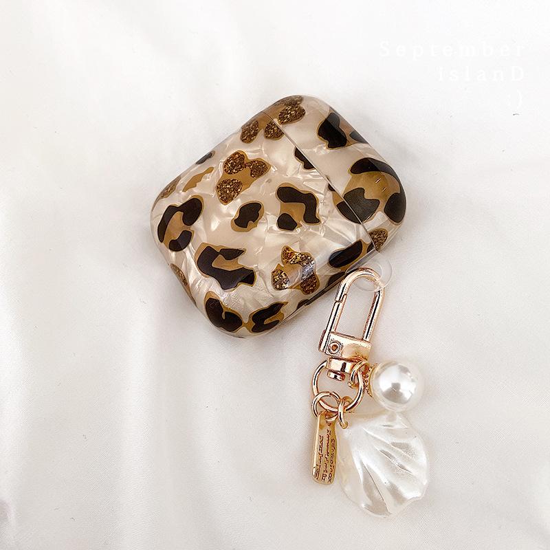 New Leopard Print Earphone For Airpods 1 2 3 Pro Protective Cover For Apple Airpods Pro2 Case with Pearl Heart Shell Keychain