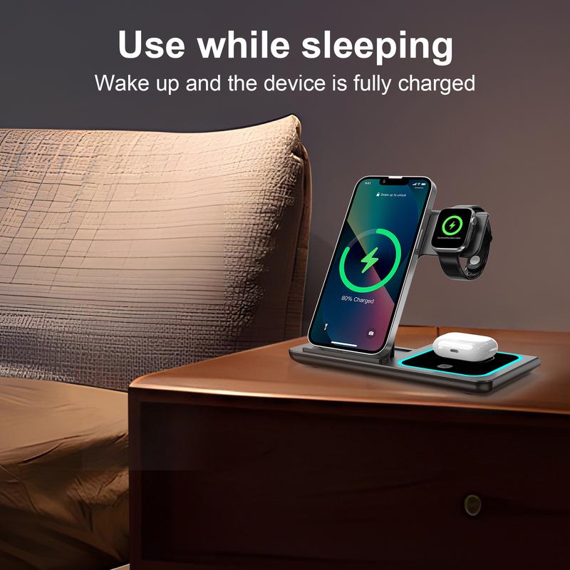 3-in-1 Wireless Charger iPhone, Foldable Travel Charger, 15W Fast Charging Station for Multiple Devices,Sutiable for iPhone 16   15   14   13   12 Series & Samsung Series & AirPods & Apple Watch -Christmas Gift