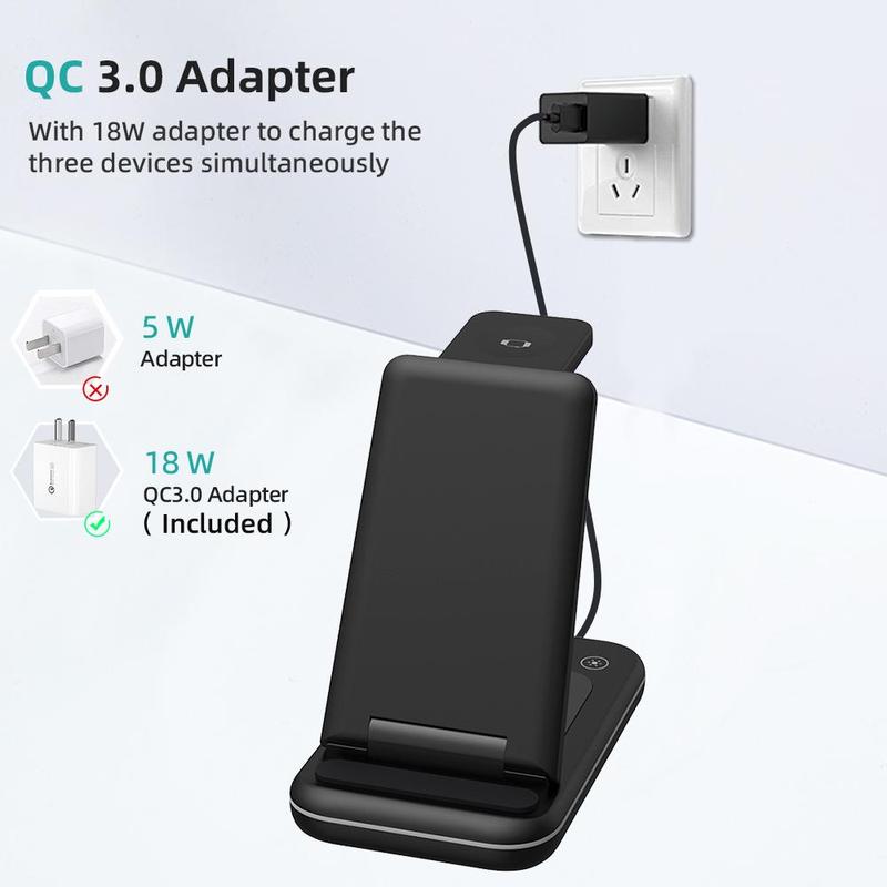 3-in-1 Wireless Charger Stand, 15W Fast Charging Charger with LED Lamp, Foldable Charger Stand for iPhone & Apple Watch & AirPods Pro