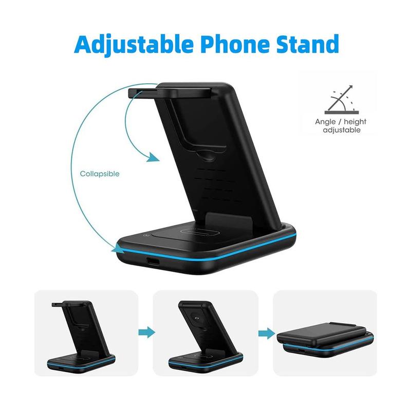 3-in-1 Wireless Charger Stand, 15W Fast Charging Charger with LED Lamp, Foldable Charger Stand for iPhone & Apple Watch & AirPods Pro