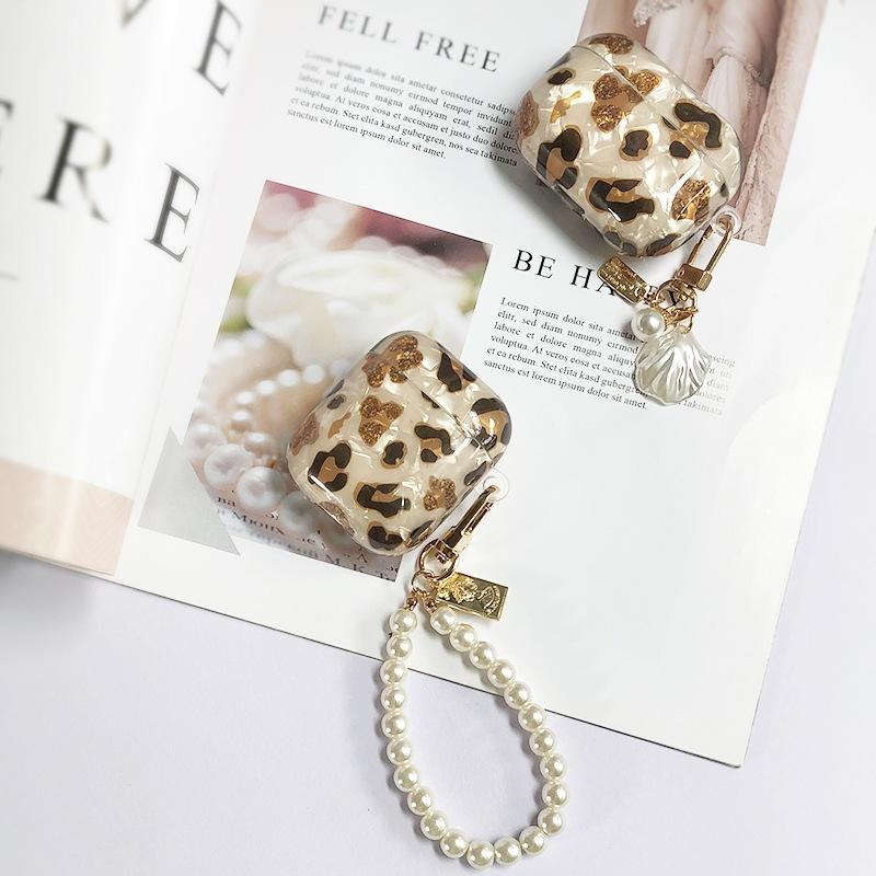 New Leopard Print Earphone For Airpods 1 2 3 Pro Protective Cover For Apple Airpods Pro2 Case with Pearl Heart Shell Keychain