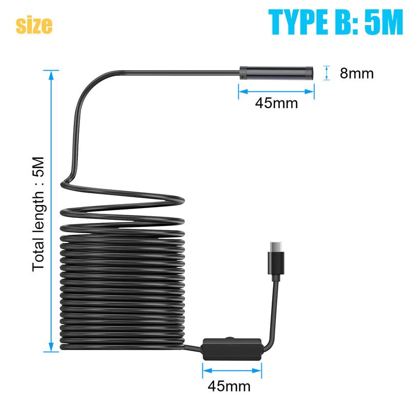 5M 8LEDs Snake Endoscope Borescope 8mm Inspection USB Camera Scope for Android