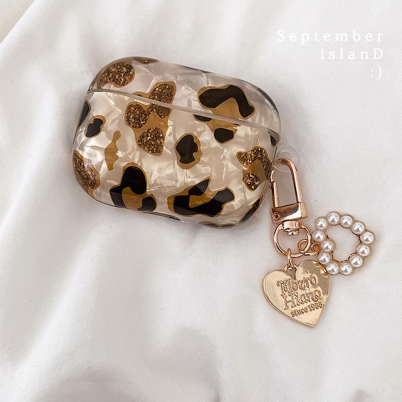 New Leopard Print Earphone For Airpods 1 2 3 Pro Protective Cover For Apple Airpods Pro2 Case with Pearl Heart Shell Keychain