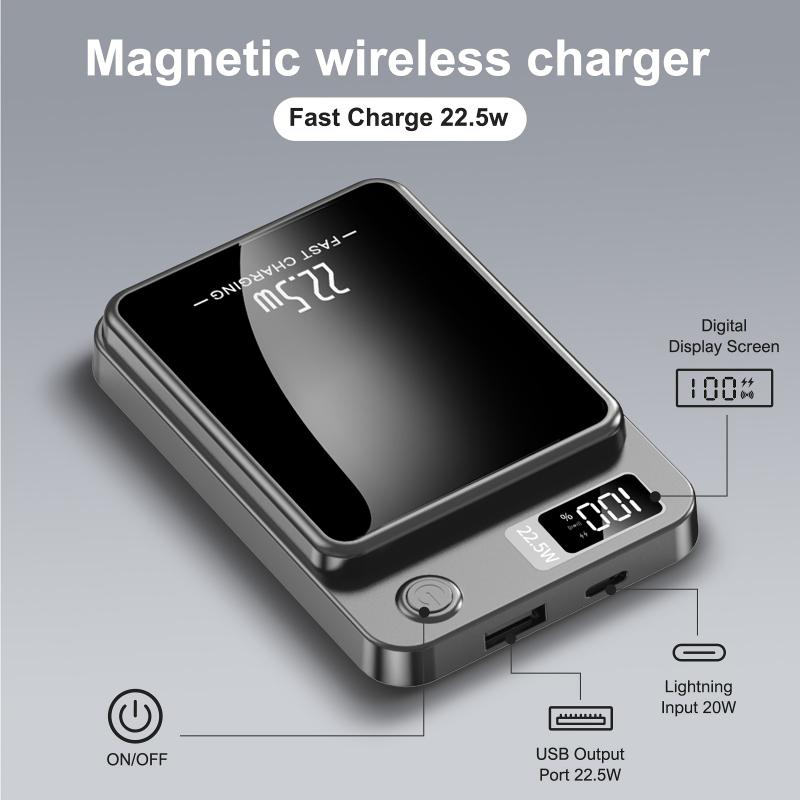 5000mAh 10000mAh High-speed Magnetic Wireless Power Bank - Portable Charger With LED Display, 22.5W Safe Charging, Widely Compatible, Compatible With IPhone 15 Pro 14 Max 13 12, Android Phones, Small And Portable, Stylish Design