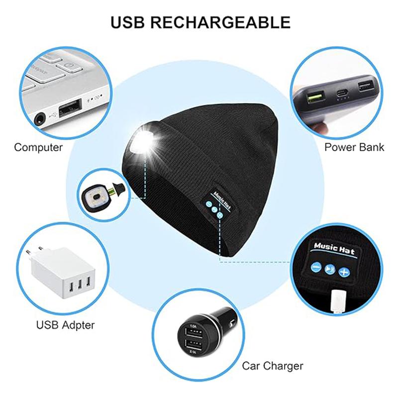 Bluetooth Music Sports Unisex Beanie with Light, USB Rechargeable LED Headlamp Cap, LED Hat with Flashlight, Gifts for Men Women Dad