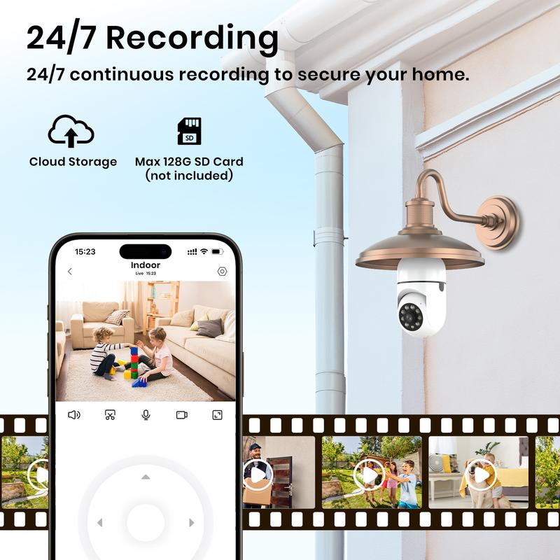 Light Bulb Camera, Bulb Security Camera 2.4Ghz WiFi Wireless Home Monitoring Camera, Motion Detection, Two-Way Audio, HD Night Vision, Pan Tilt, SD & Cloud Storage, Best Christmas Gifts