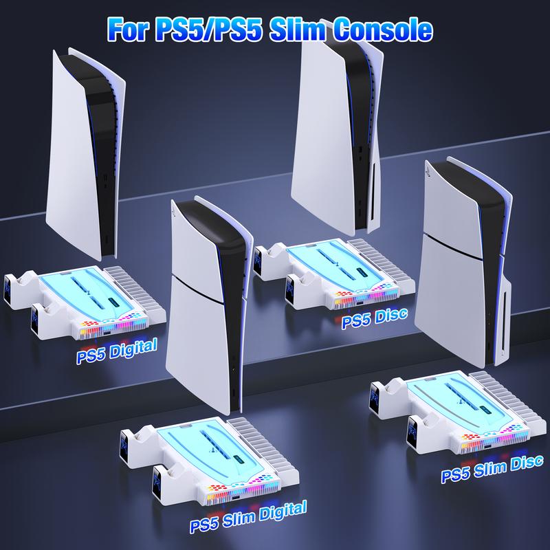 PS5 Stand and Cooling Station with Controller Charging Station for PS5 Slim, PS5 Accessories 3 Levels Cooling Fan, RGB Light, 15 Game Storage, Headset Holder for Playsation 5 Digital Disc