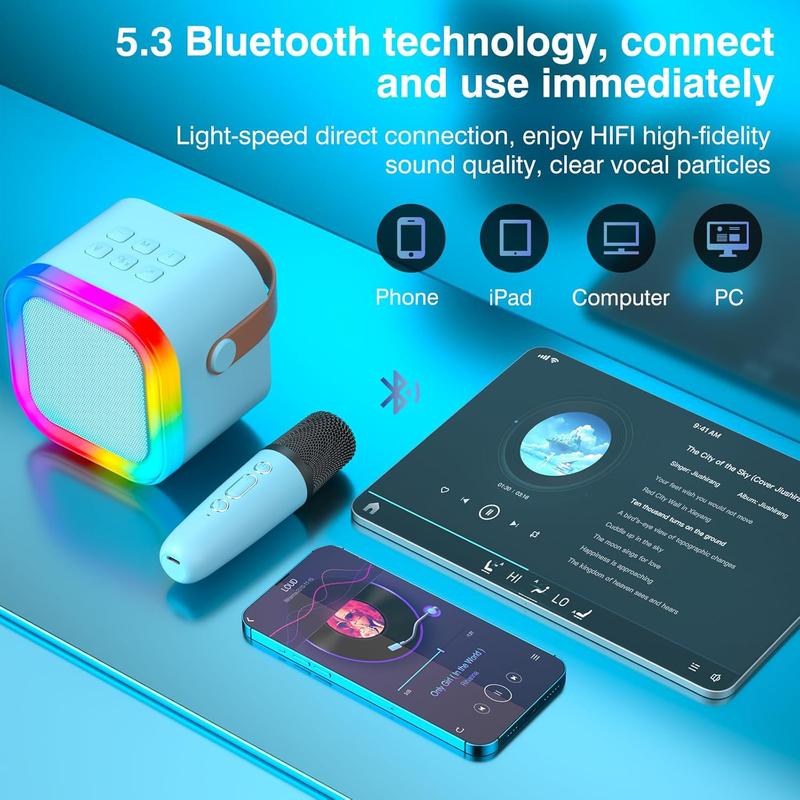 Portable Mini Wireless Speaker with 2 Wireless Microphones, Rechargeable RGB Light Speaker Set, HiFi Sound Home Karaoke Speaker Set for Home Party Birthday wireless mics Portable Mini