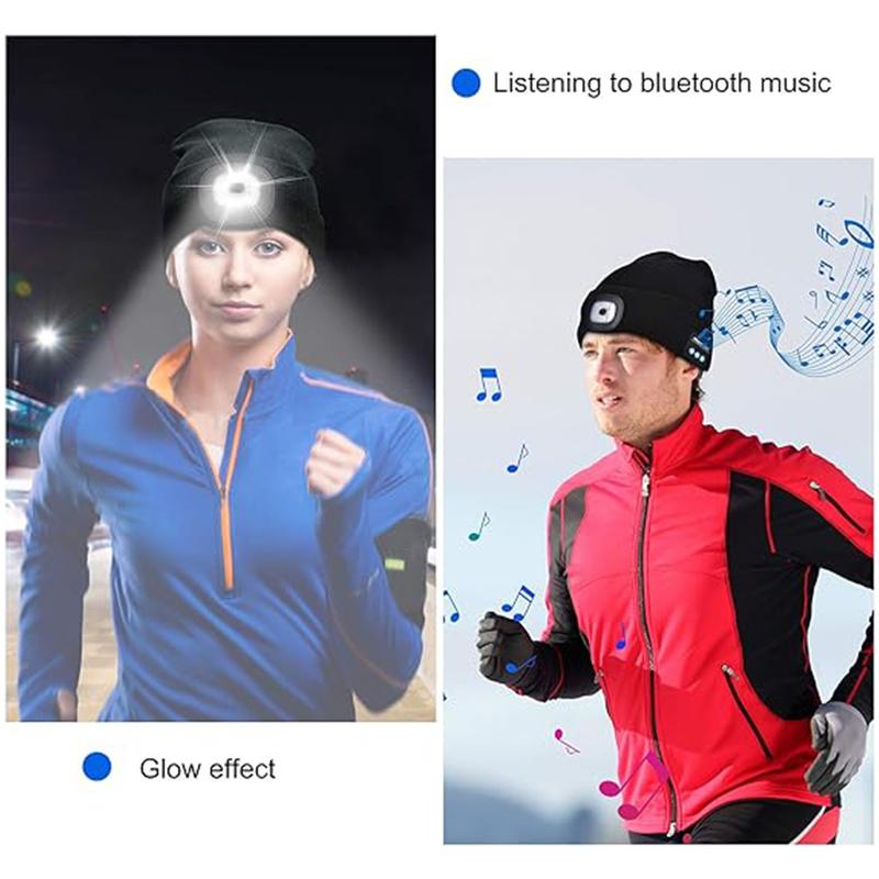 Bluetooth Music Sports Unisex Beanie with Light, USB Rechargeable LED Headlamp Cap, LED Hat with Flashlight, Gifts for Men Women Dad