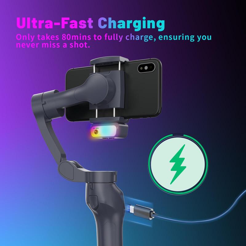 3-axis Mobile Phone Stabilizer, AI Tracking Intelligent Face Tracking Gimbal, USB Rechargeable Face Tracking RGB Light Gimbal for Mobile Phone