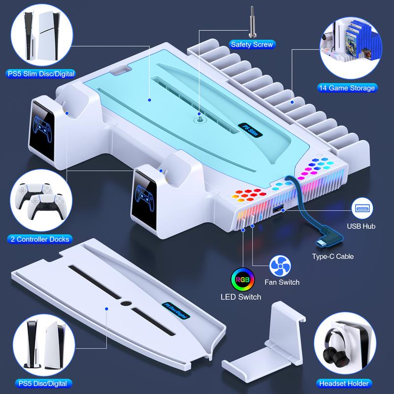 PS5 Stand and Cooling Station with Controller Charging Station for PS5 Slim, PS5 Accessories 3 Levels Cooling Fan, RGB Light, 15 Game Storage, Headset Holder for Playsation 5 Digital Disc