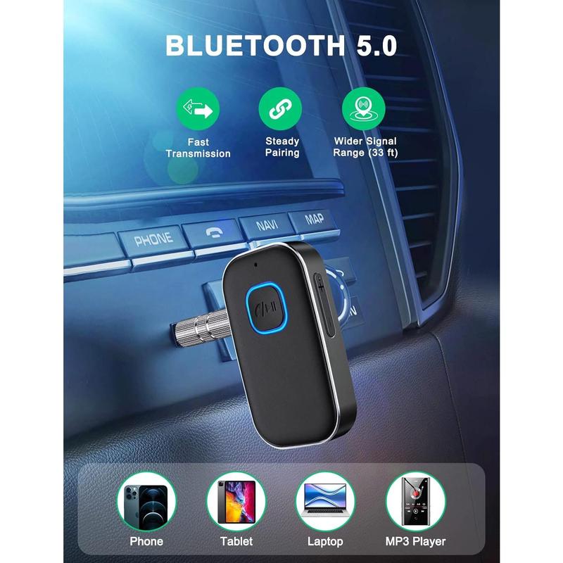 Bluetooth AUX Adapter for Car, Noise Reduction Bluetooth Receiver for Music Hands-Free Calls, Wireless Audio Receiver for Home Stereo Speaker, 16H Battery Life Dual Connect (All Black)