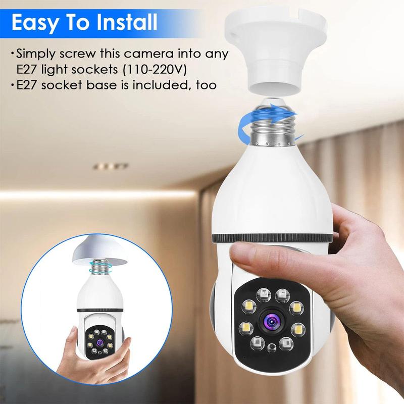 1080P Indoor Security Camera, FHD WiFi Light Bulb Camera, 360° Wireless Surveillance for Indoor and Outdoor Use, Motion Detection, Two-Way Audio, APP Control, Color Night Vision, Siren Alarm, White