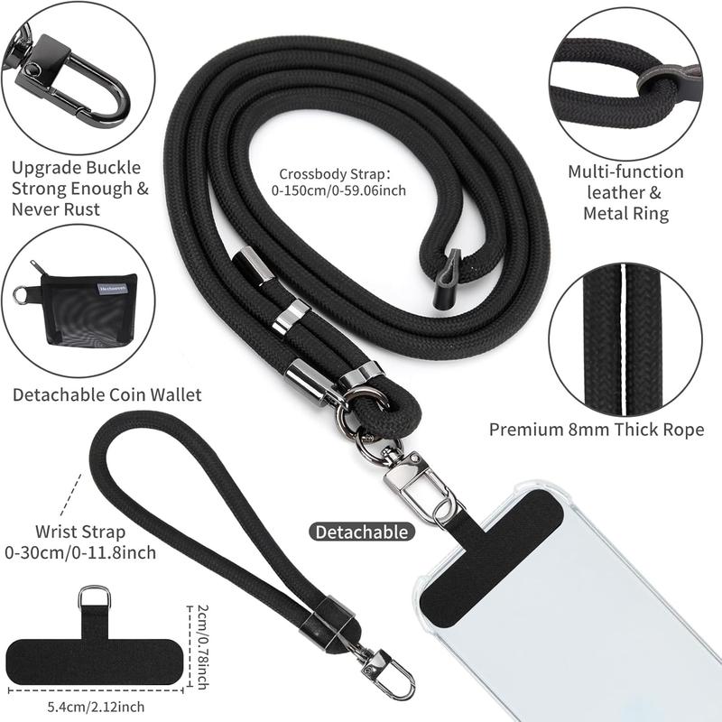 Phone Lanyard and Wrist Straps, Adjustable Cell Phone Lanyard Crossbody with Detachable Wallet, 8mm Thick iPhone Lanyard for Around the Neck (Black+Wallet)