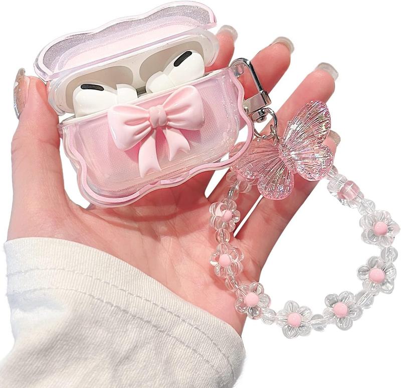 Compatible with AirPods Pro Clear Case,3D Bow Pattern Design with Cute Butterfly Flower Keychain, Soft TPU Protective Shockproof Case for Airpod Pro for Girls Women-Pink