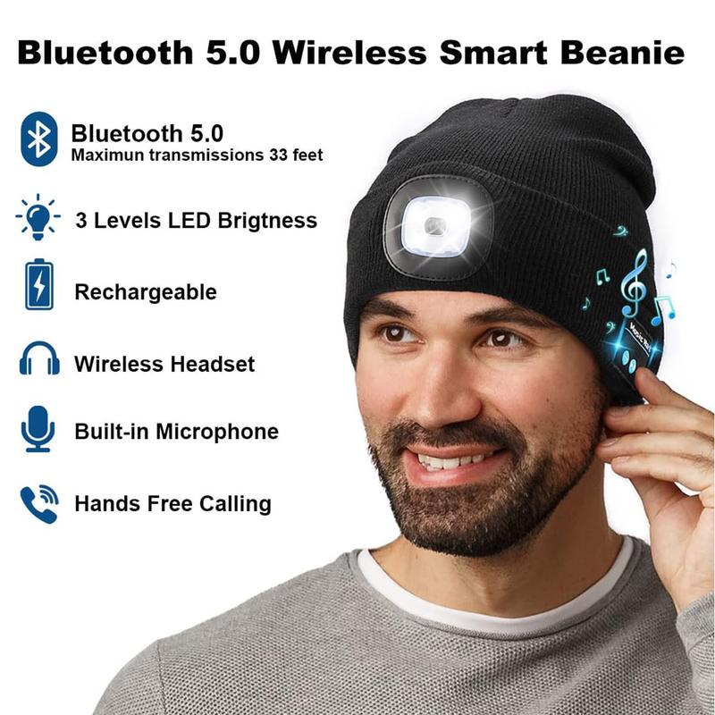 Bluetooth Music Sports Unisex Beanie with Light, USB Rechargeable LED Headlamp Cap, LED Hat with Flashlight, Gifts for Men Women Dad