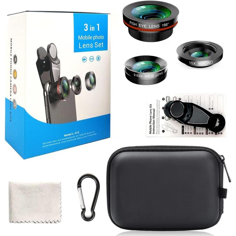 3 in 1 Universal 198° Fish Eye Lens + 0.63X Wide-Angle Lens + 15X Macro Clip Camera Lens Kit for iPad iPhone Samsung Android and Most Smartphones (Black 3-in-1 (Upgrade))