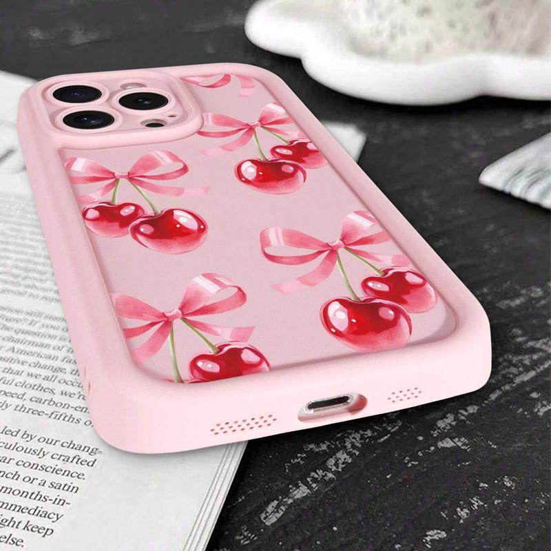 Cherry & Bowknot Pattern Phone Case, Cute Decorative Phone Protector Cover, Anti-drop Cellphone Protective Case, Total Protective Shockproof Mobile Phone Cover for iPhone