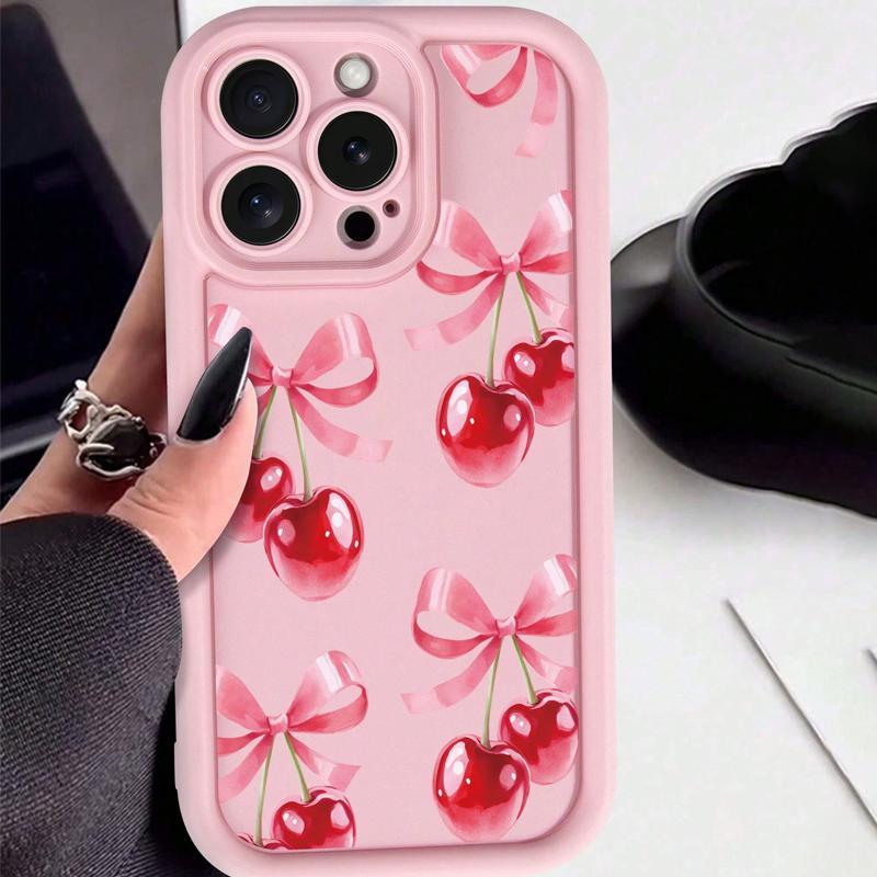 Cherry & Bowknot Pattern Phone Case, Cute Decorative Phone Protector Cover, Anti-drop Cellphone Protective Case, Total Protective Shockproof Mobile Phone Cover for iPhone