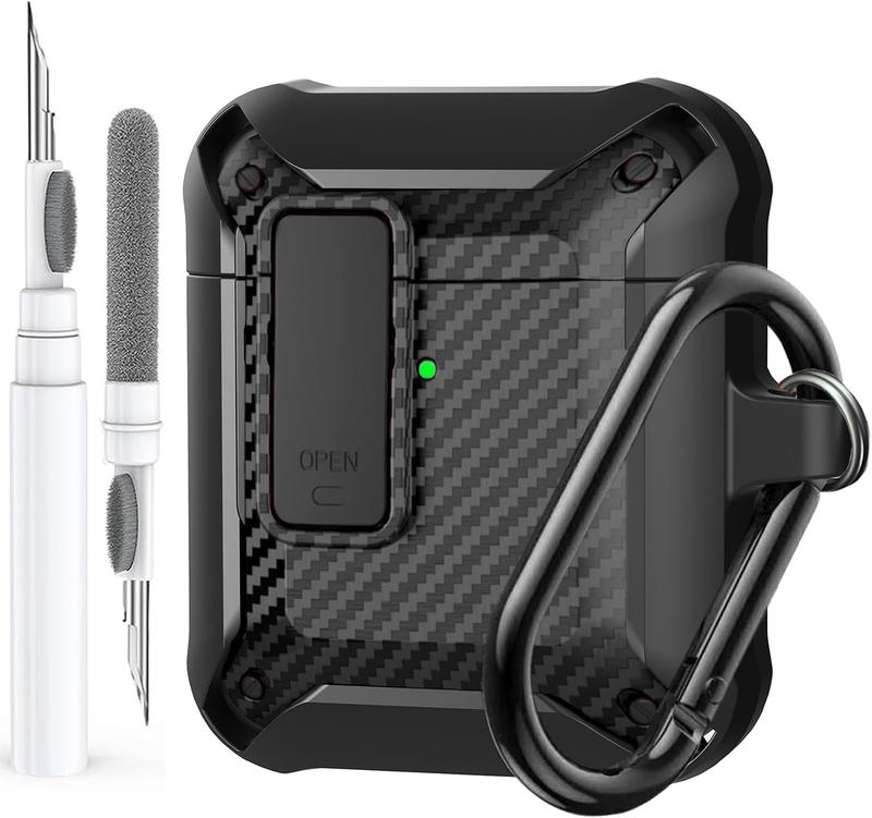 for Airpods 2nd 1st Generation Case Men Lock with Cleaner Kit, Rugged AirPod 2 1 Gen Protective Hard Cover Shockproof  Boys Women with Keychain for  iPods 2nd 1st Cases CF-Black