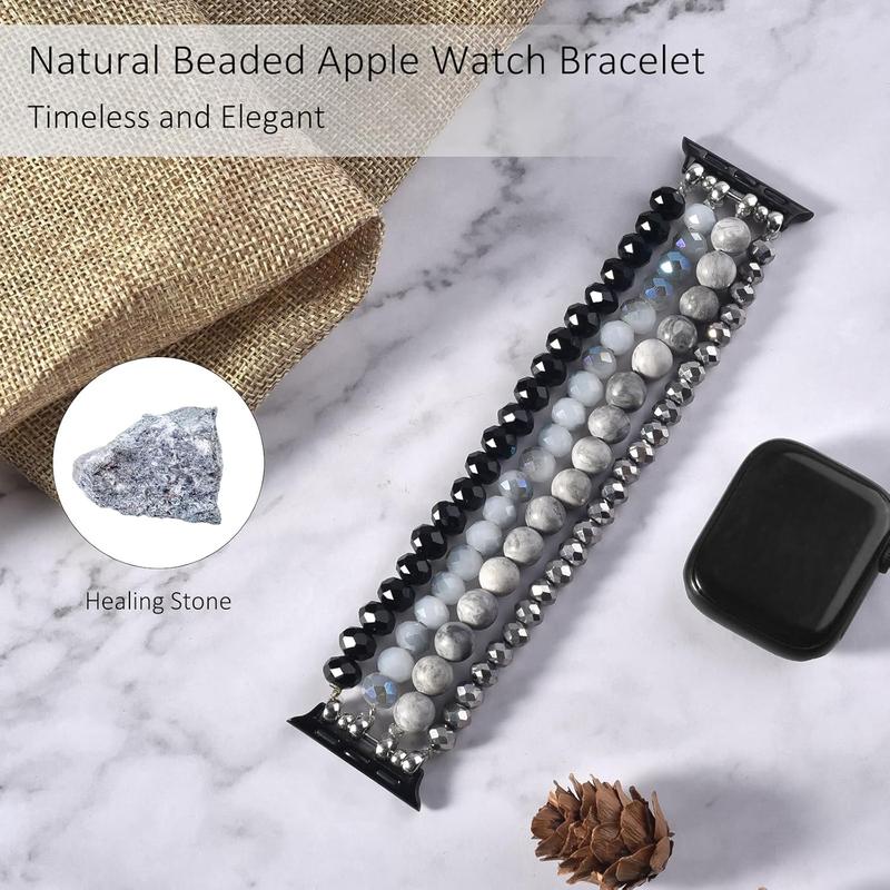 Bracelet Compatible with Apple Watch Band 42mm 44mm 45mm Women, Stretchy Beaded Dressy iPhone Watch Bands Cute Boho Straps Jewelry for iWatch Bands Series 10 9 8 7 6 5 4 3 2 1 SE, Grey Black