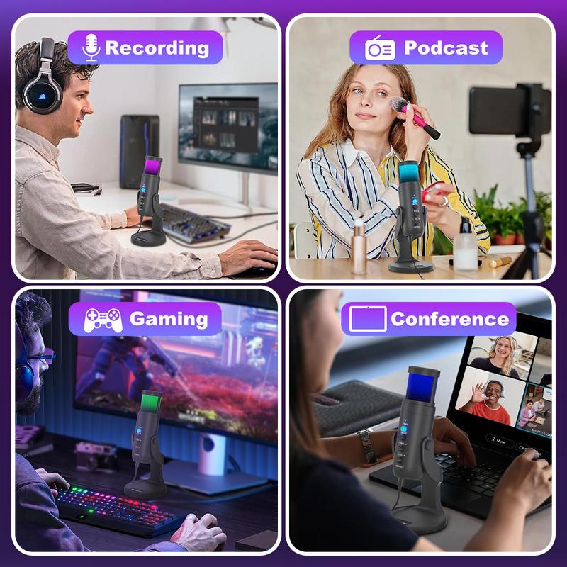 Haomuren USB Powered Microphone, Mini Microphones with Adjustable Brilliant RGB Light, Plug & Play Microphone with Adapter for Recording, Gaming, Meeting, Noise Reduction Microphone for iPhone (XBOX not Supported), Men Gifts