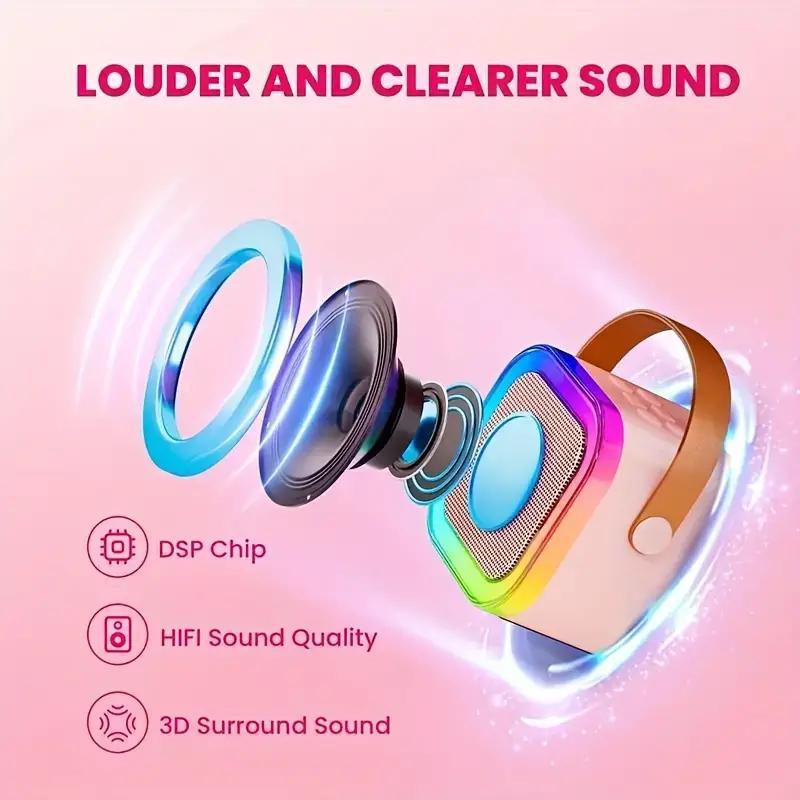 Portable Mini Karaoke Speaker with 2 Microphones, Rechargeable Wireless Outdoor Speaker with RGB Light, 3D Surround Sound Home Singing Karaoke Wireless Outdoor Audio Speaker for Smartphone, PC & More