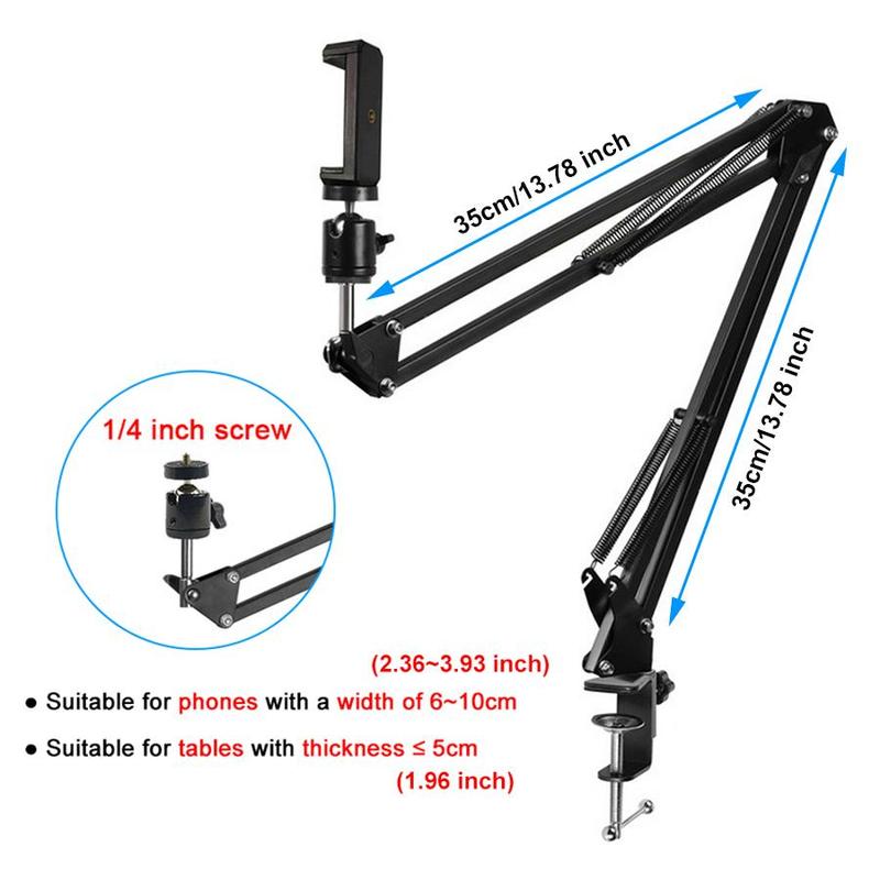 Overhead Tripod Mount for Camera Webcam Ring Light, 1 Set Flexible Phone Holder with Ball Head & Phone Clip & Bracket Base, Table Stand for Phone Video Recording Live Streaming