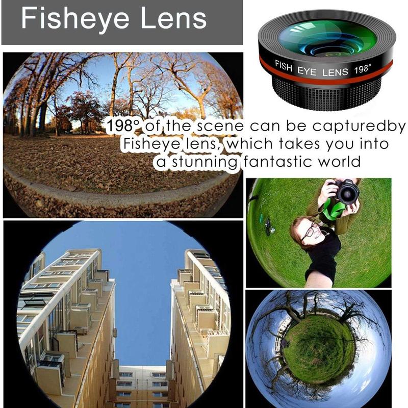 3 in 1 Universal 198° Fish Eye Lens + 0.63X Wide-Angle Lens + 15X Macro Clip Camera Lens Kit for iPad iPhone Samsung Android and Most Smartphones (Black 3-in-1 (Upgrade))