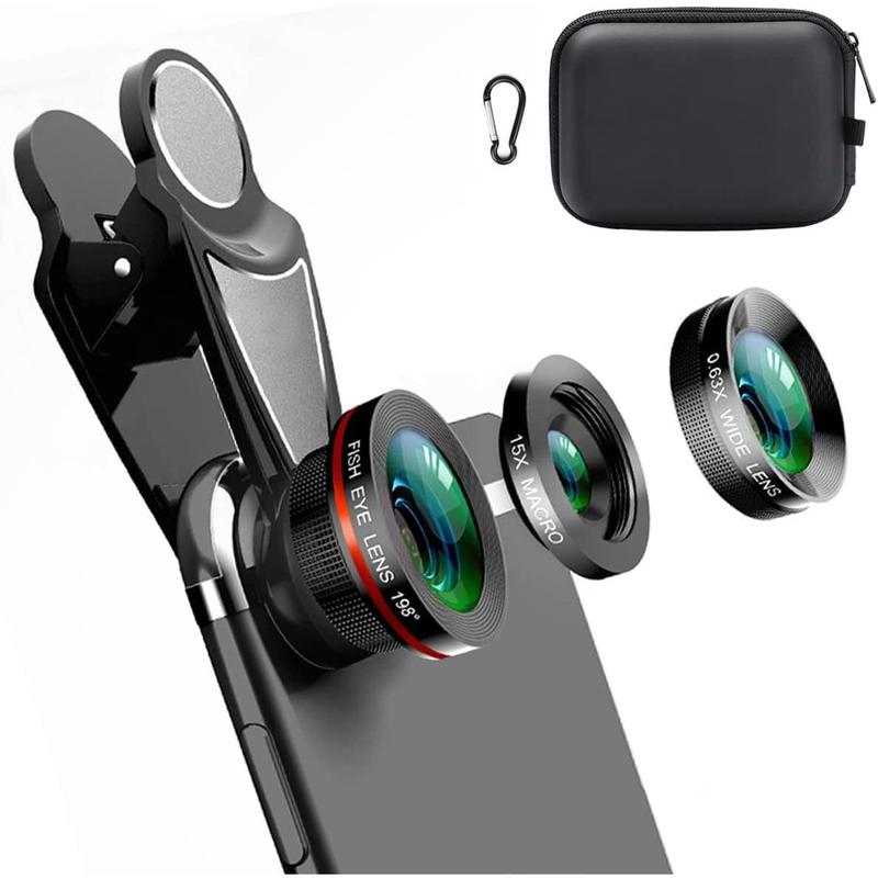 3 in 1 Universal 198° Fish Eye Lens + 0.63X Wide-Angle Lens + 15X Macro Clip Camera Lens Kit for iPad iPhone Samsung Android and Most Smartphones (Black 3-in-1 (Upgrade))