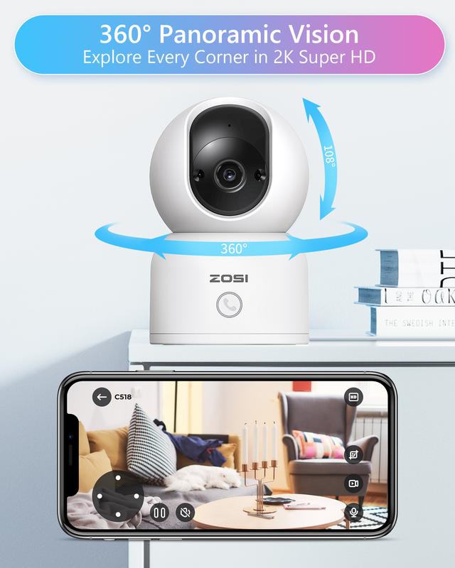 ZOSI 5G 2.4G WiFi Indoor 2k Pan Tilt Smart Security Camera iphone ipad remote access securitycamera