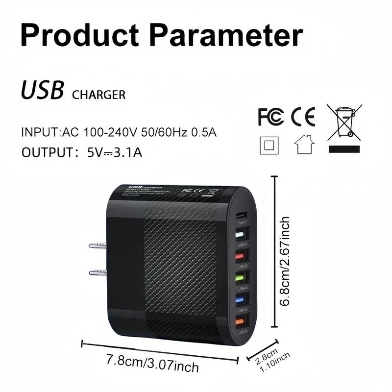 5V 3.1A 5 USB & Type C Multi-ports Wall Charger, Multi-port Charger, Universal Charger For All Phone