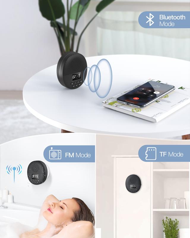 Waterproof Bluetooth Shower Radio Speaker - Wireless FM Radio with Suction Cup, 12H Playtime, LCD Display, Hands-Free Calling & SD Card Slot for Bathroom Use, Black rechargeable speaker Audio Smartphone Controled