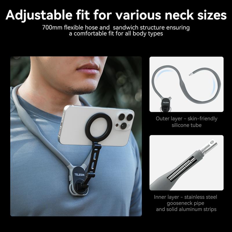 Max Magnetic Neck Mount for Phones, POV Vlog Neck Phone Holder w Fixing Chest Strap Selfie Mount Hand Free Phone Neck Holder Stand Video Recording for iPhone Android Phones (Gray)