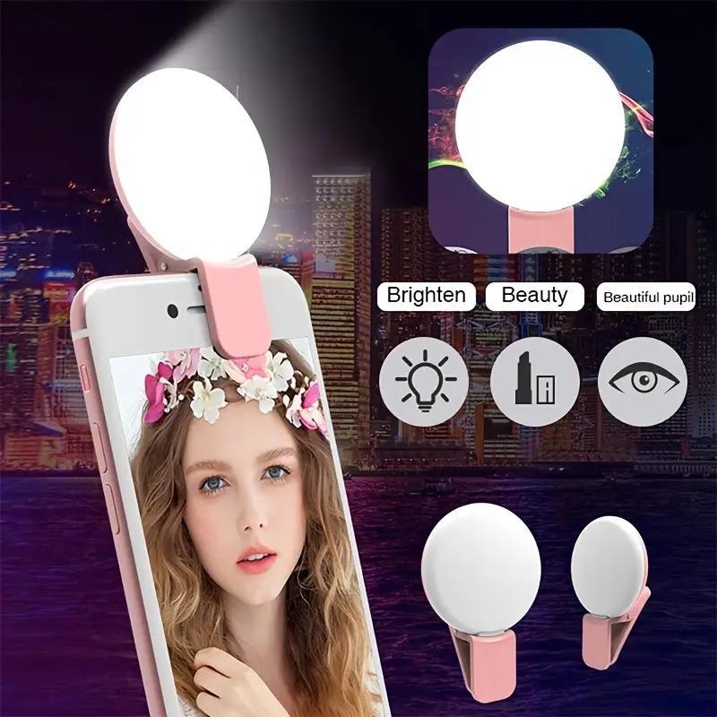 Portable Selfie Light for Smartphone, Round Battery-powered LED Fill Light, Clip-on Fill Light for Live Streaming, Selfie Accessories, Cell Phone Accessories