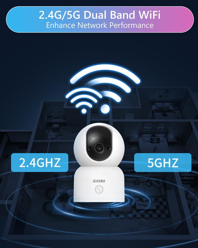 ZOSI 5G 2.4G WiFi Indoor 2k Pan Tilt Smart Security Camera iphone ipad remote access securitycamera