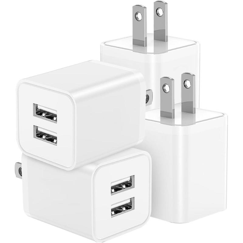 12W USB Wall Charger, 4 Count 2.4A 5V Dual Port USB Cube Power Adapter Charger Plug Block, Charging Box Brick for iPhone Samsung LG Moto Android Phones