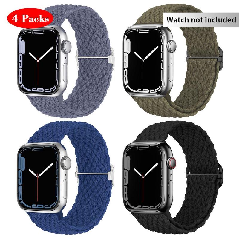 Solo Loop Stretchy Watch Band for Summer (Band Only), 4 Counts set Elastic Nylon Woven Watch Bands for Men Women, Smart Watch Band, Sport Watch Band for Apple Watch Series 9 8 7 6 5 4 3 2 1 SE Ultra Ultra 2