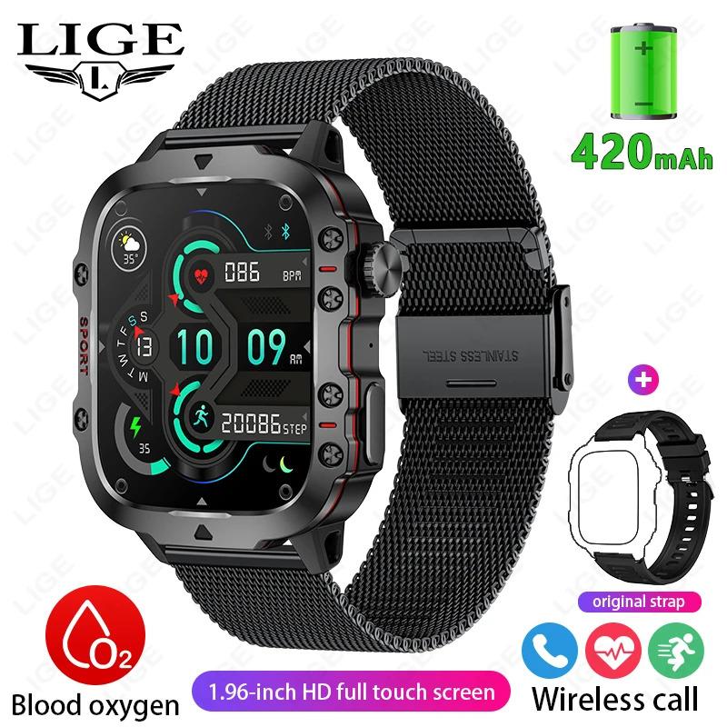 LIGE 2024 Outdoor Military Mens Smartwatch Bluetooth Call Sport Heart Rate Monitor IP68 Waterproof Smart Watches For Android IOS