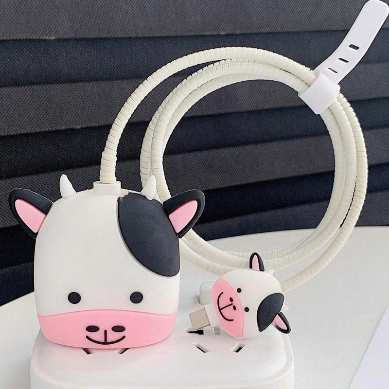 Cute Animal Design Charger & Data Cable Protector Set, Charger Head Protective Cover & Anti-break Data Cable Protector Set for Apple 18W 20W Charger