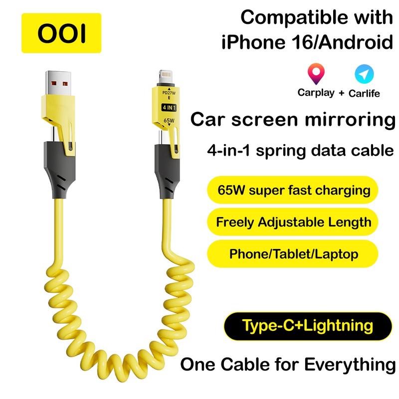 Charging 4 in 1 Coiled USB-C Cable - High-Speed Data Transfer & Charging with USB-A, USB-C, PD & Apple Compatibility for Smartphones Laptops & More Travel-Ready Design