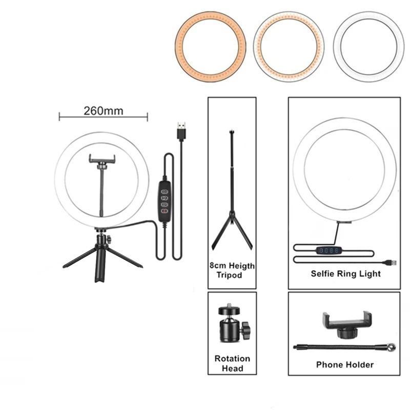 10 Inch LED Ring Light with 360° Adjustable Phone Tripod Stand (1 Box), USB Plug Selfie Ring LED Light with Phone Holder, Professional Selfie Light Kit for YouTube, Video, Photography, Vlog, Makeup