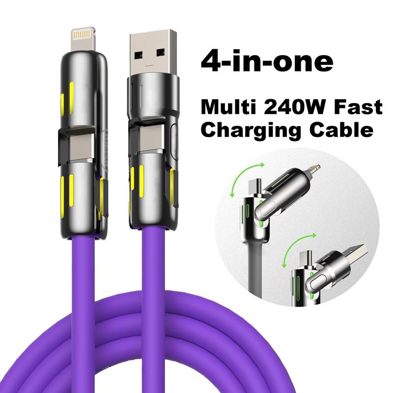 4-in-1 USB Charging Cable, fast charging cable USB A+ TYPE C + Lightning Multi national aluminum alloy cable management suitable for iPhone 16 15 14 Samsung Galaxy, Android Phones & Tablets iPad Pro Smartphone Cellphone Mobile Electronic, USB Cables