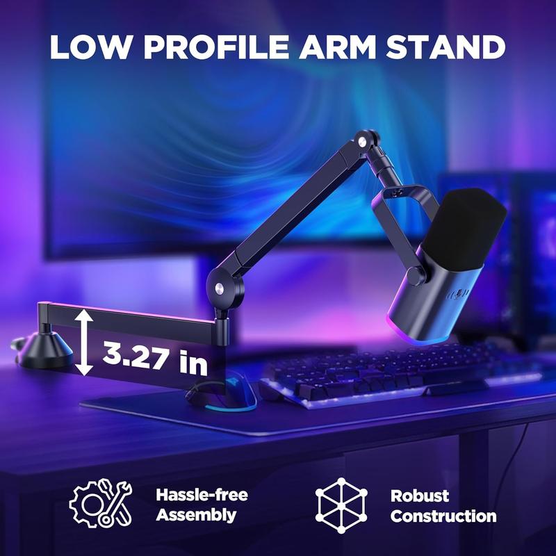 Low Profile Mic Arm, 360? Rotatable Microphone Boom Arm Mic Stand for Fifine AM8 K669B Blue Yeti  QuadCast SoloCast AT2020, with Mic Clip 3 8