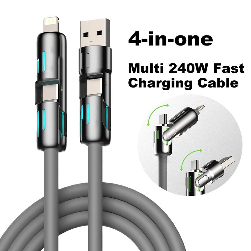 4-in-1 USB Charging Cable, fast charging cable USB A+ TYPE C + Lightning Multi national aluminum alloy cable management suitable for iPhone 16 15 14 Samsung Galaxy, Android Phones & Tablets iPad Pro Smartphone Cellphone Mobile Electronic, USB Cables