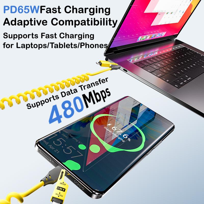 Charging 4 in 1 Coiled USB-C Cable - High-Speed Data Transfer & Charging with USB-A, USB-C, PD & Apple Compatibility for Smartphones Laptops & More Travel-Ready Design