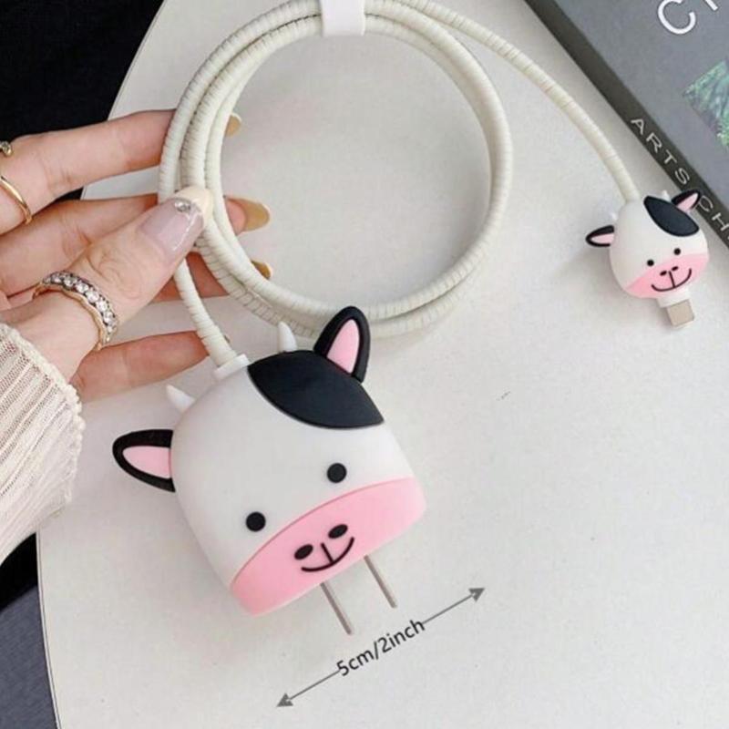 Cute Animal Design Charger & Data Cable Protector Set, Charger Head Protective Cover & Anti-break Data Cable Protector Set for Apple 18W 20W Charger